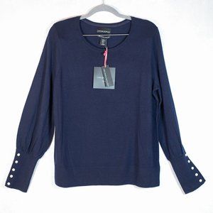 Cynthia Rowley Extra Fine Merino Sweater Pearl Button Sleeves Navy Blue Size XL